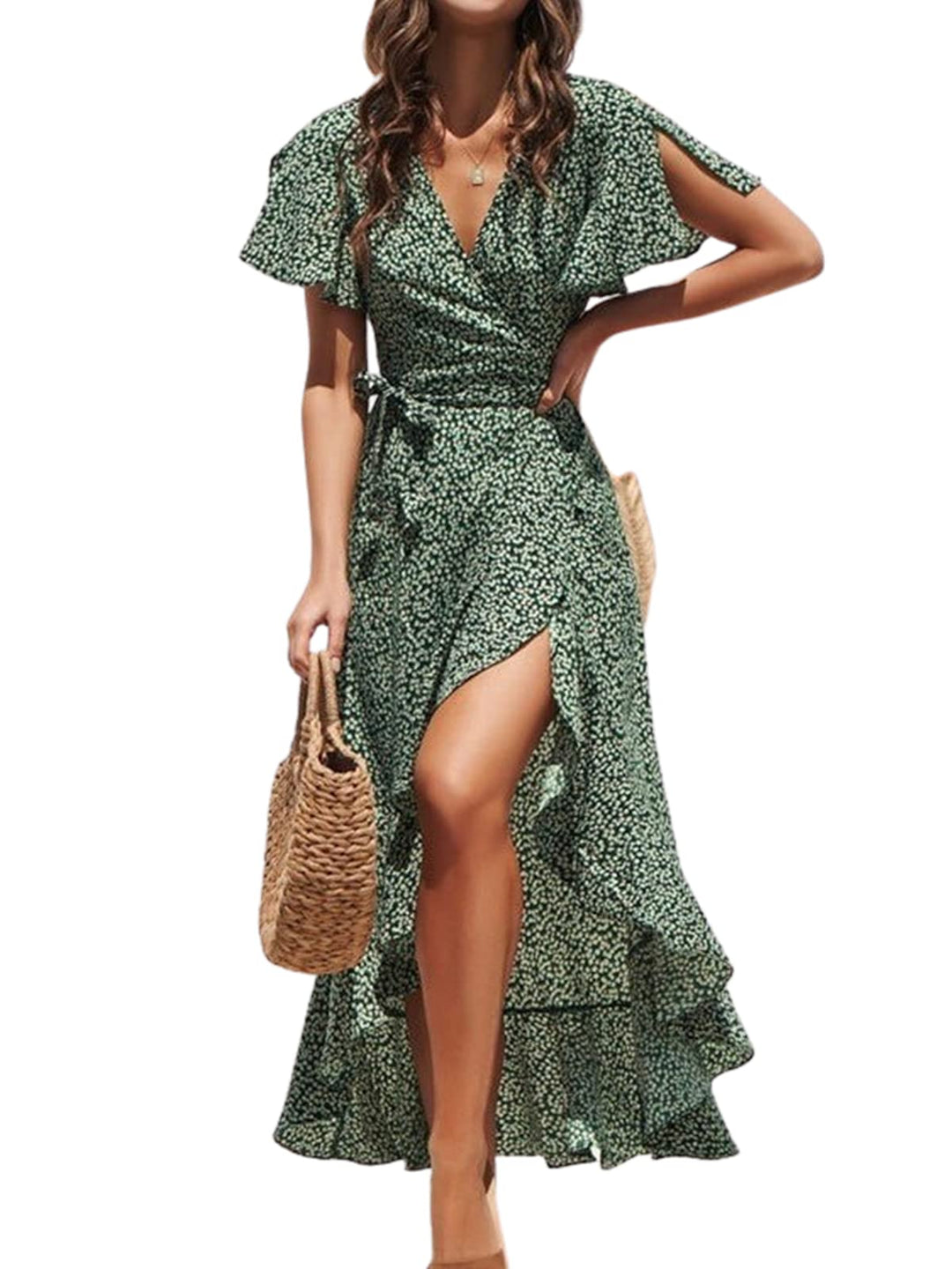 Zara Maxi-kjole for dame – V-hals, volangerm med kald skulder og asymmetrisk kant