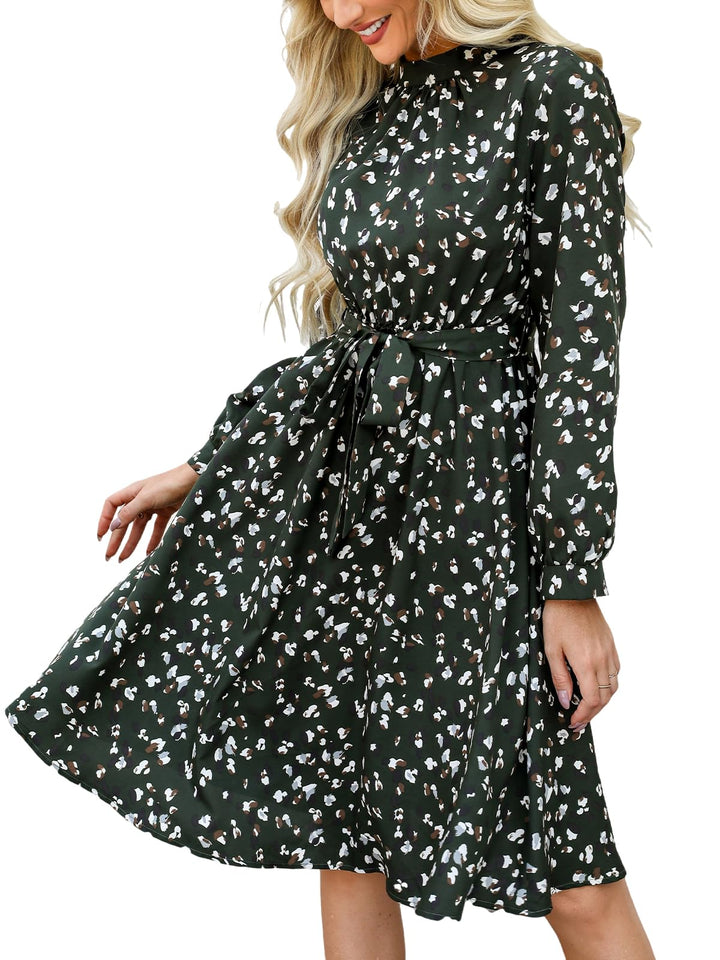 Lior Rochie Damă Leopard – Guler Înalt, Mâneci Lungi și Talie Reglabilă, Croială A-Line