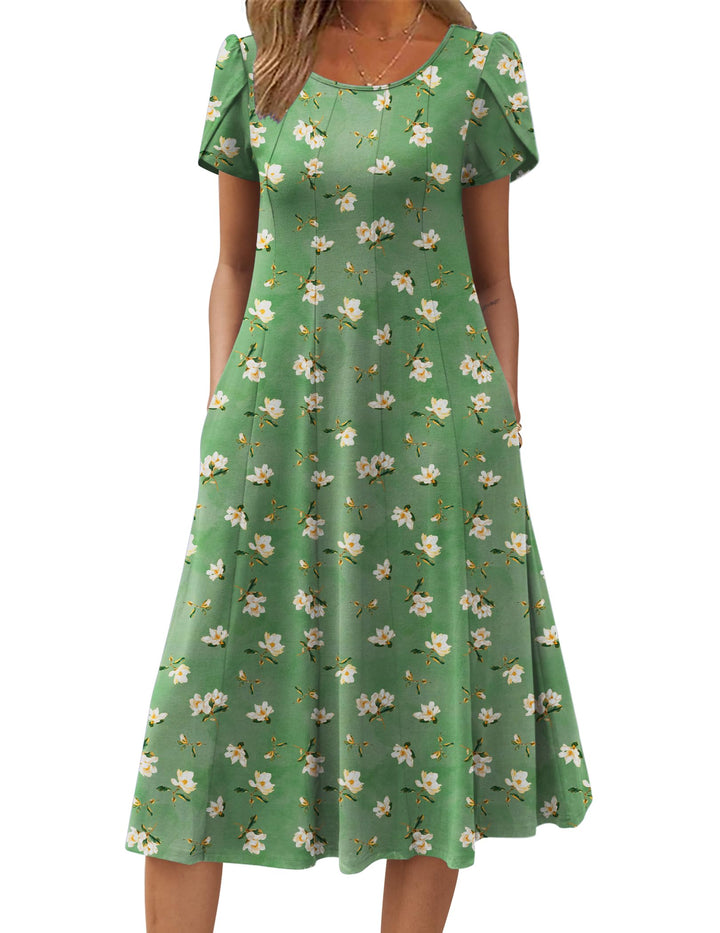 Vestido Midi Belle para Mujer – Cuello Redondo, Mangas Abullonadas y Bolsillos, Línea A Elegante