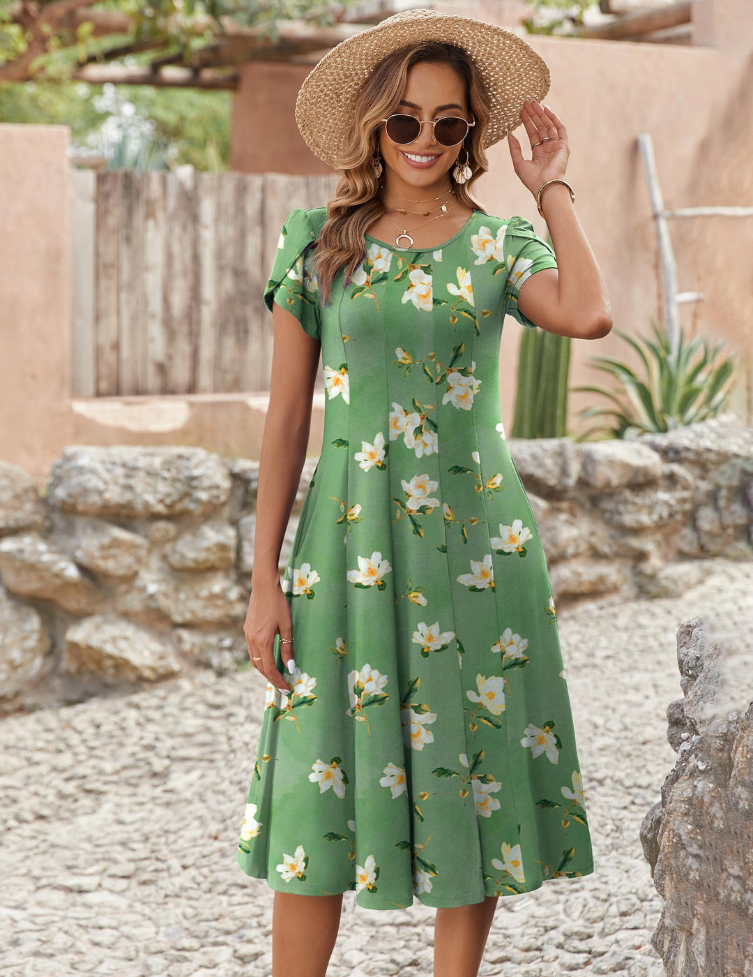 Vestido Midi Belle para Mujer – Cuello Redondo, Mangas Abullonadas y Bolsillos, Línea A Elegante
