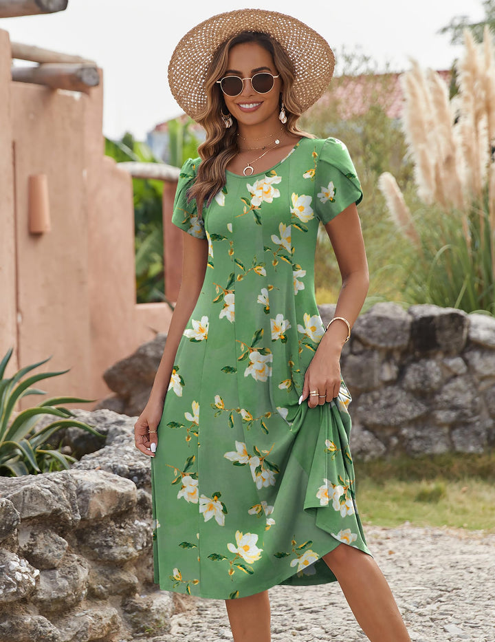 Vestido Midi Belle para Mujer – Cuello Redondo, Mangas Abullonadas y Bolsillos, Línea A Elegante