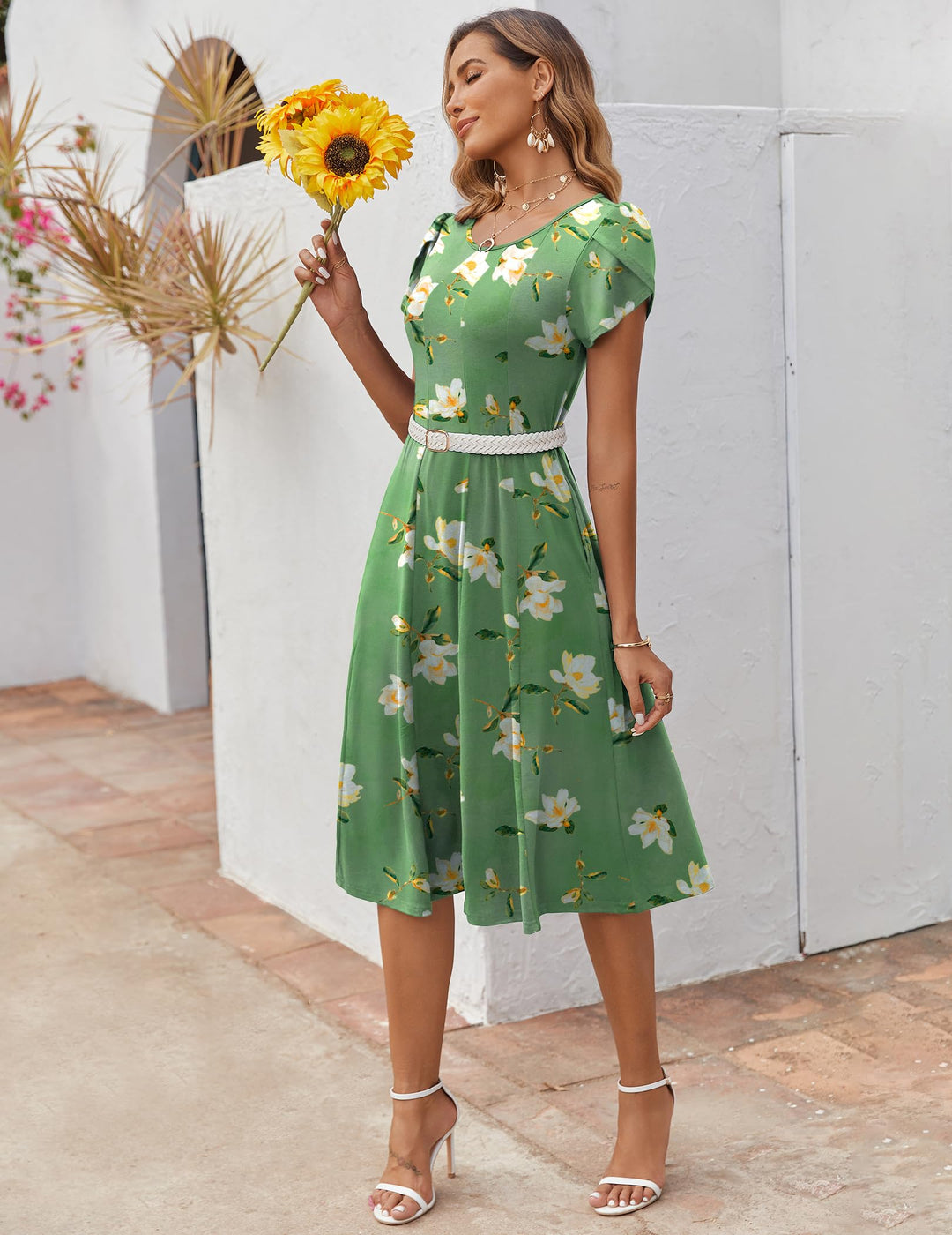 Vestido Midi Belle para Mujer – Cuello Redondo, Mangas Abullonadas y Bolsillos, Línea A Elegante