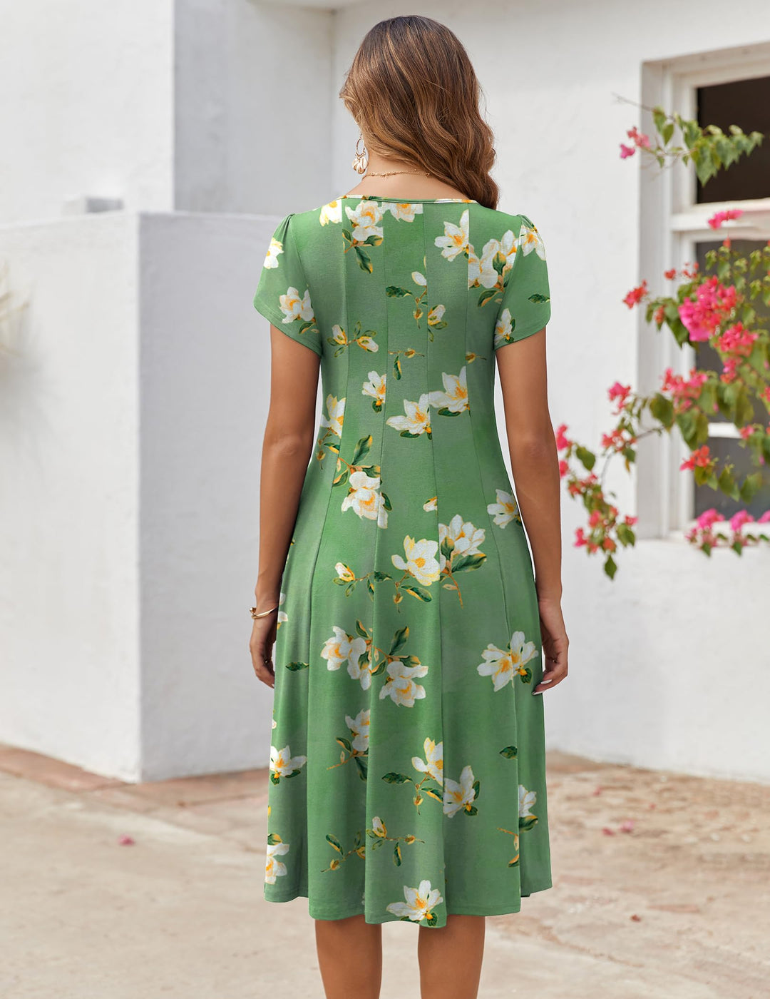 Vestido Midi Belle para Mujer – Cuello Redondo, Mangas Abullonadas y Bolsillos, Línea A Elegante