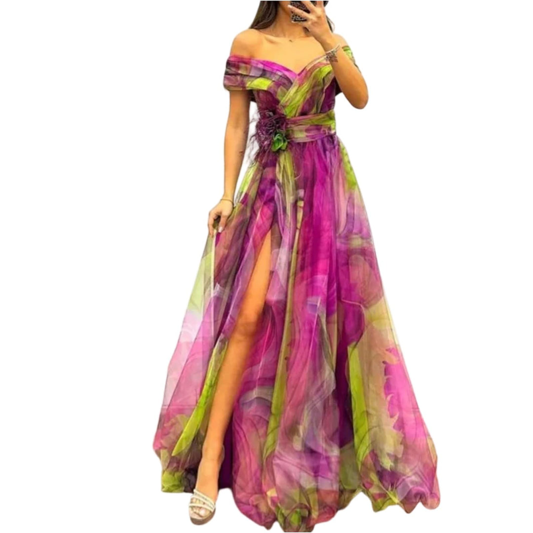 Evania Vestido Elegante para Mujer – Hombros Descubiertos, Tul en Línea A y Maxi con Abertura para Noche