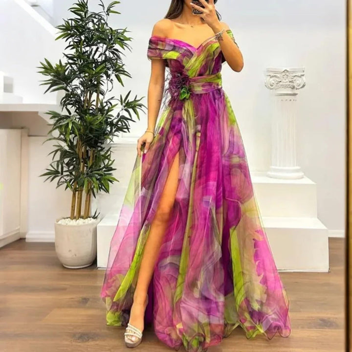 Evania Vestido Elegante para Mujer – Hombros Descubiertos, Tul en Línea A y Maxi con Abertura para Noche