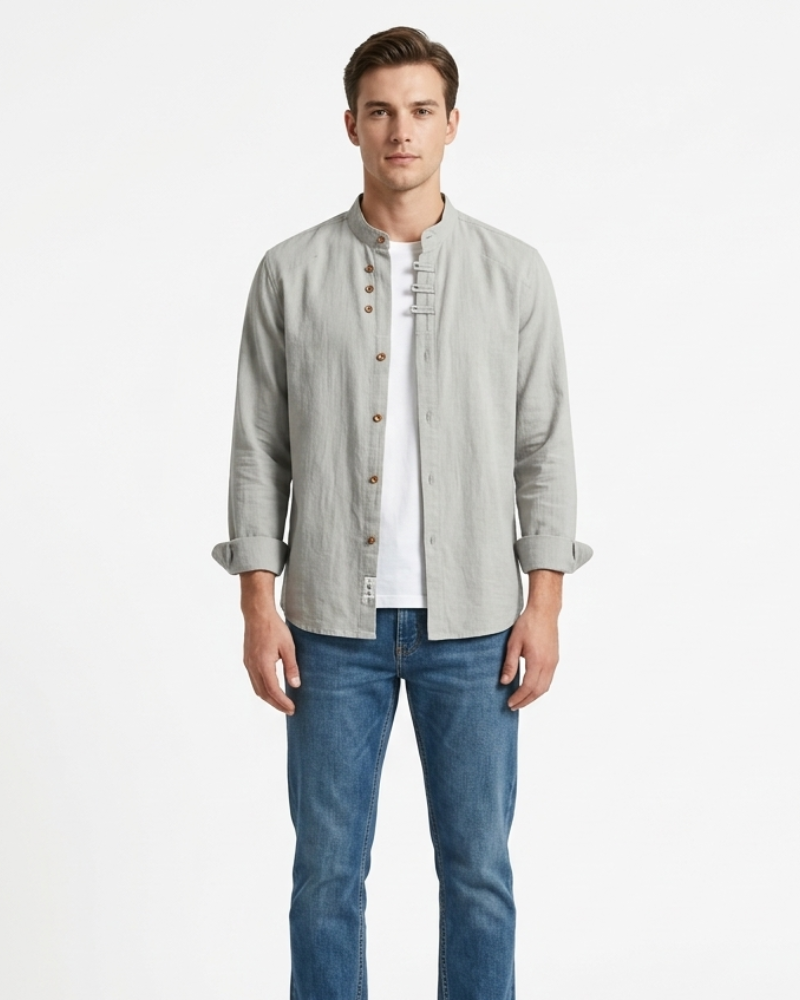Kenji Chemise Homme Japonaise – Chemise Élégante Col Montant Asymétrique Minimaliste