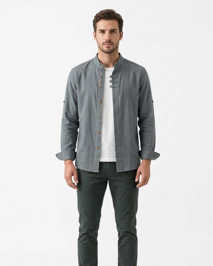 Kenji Chemise Homme Japonaise – Chemise Élégante Col Montant Asymétrique Minimaliste