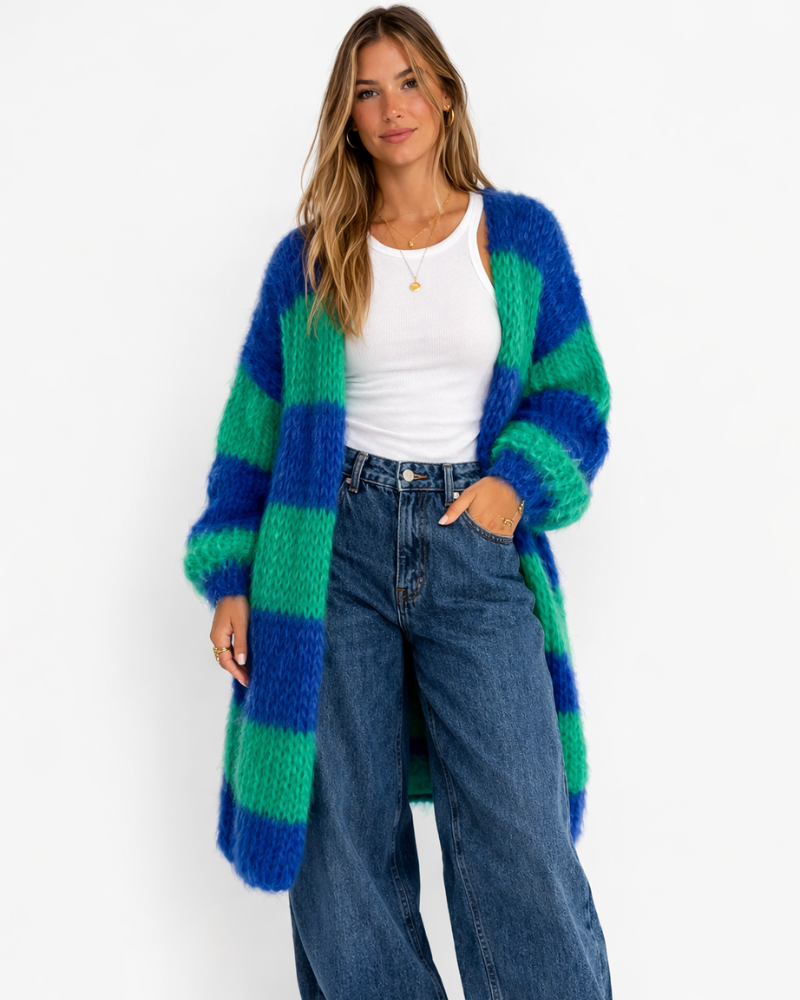Cárdigan Largo Caterina para Mujer a Rayas – Cárdigan Suave Elegante Estilo Moderno