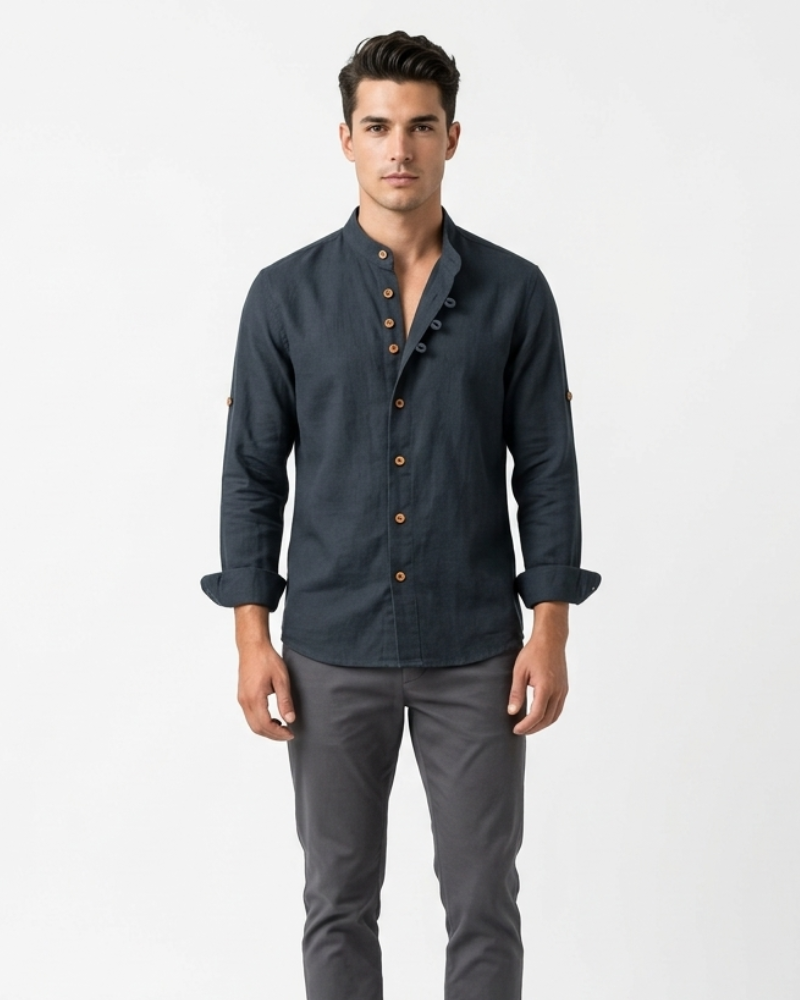 Kenji Chemise Homme Japonaise – Chemise Élégante Col Montant Asymétrique Minimaliste