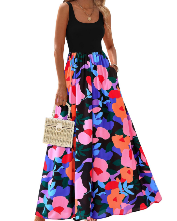 Kaia Vestido Maxi Boho Mujer – Floral, Escote Redondo y Vestido Sin Mangas con Bolsillos