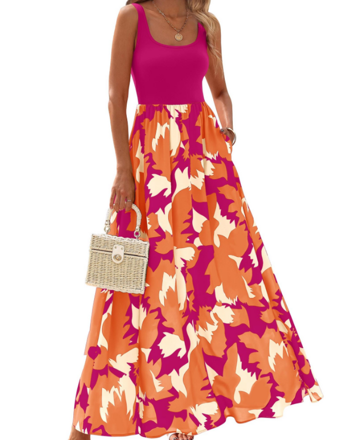 Kaia Vestido Maxi Boho Mujer – Floral, Escote Redondo y Vestido Sin Mangas con Bolsillos