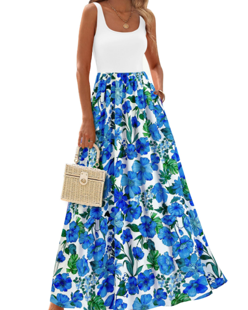Kaia Vestido Maxi Boho Mujer – Floral, Escote Redondo y Vestido Sin Mangas con Bolsillos