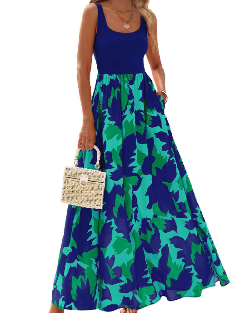 Kaia Vestido Maxi Boho Mujer – Floral, Escote Redondo y Vestido Sin Mangas con Bolsillos