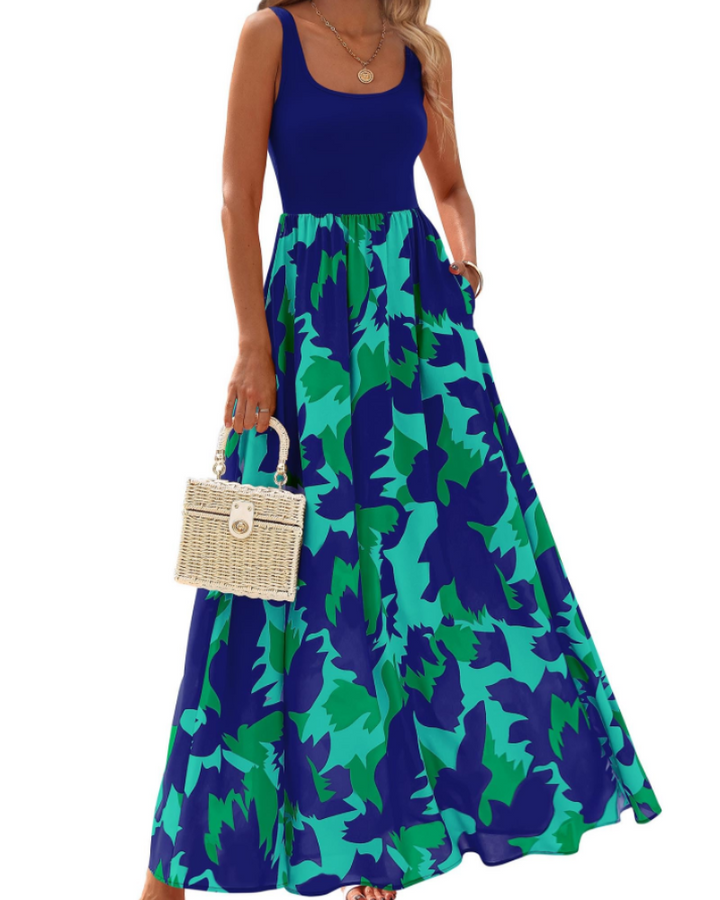 Kaia Vestido Maxi Boho Mujer – Floral, Escote Redondo y Vestido Sin Mangas con Bolsillos