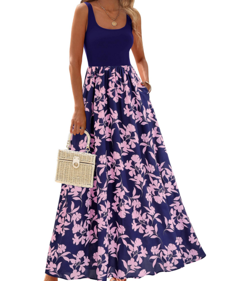 Kaia Vestido Maxi Boho Mujer – Floral, Escote Redondo y Vestido Sin Mangas con Bolsillos