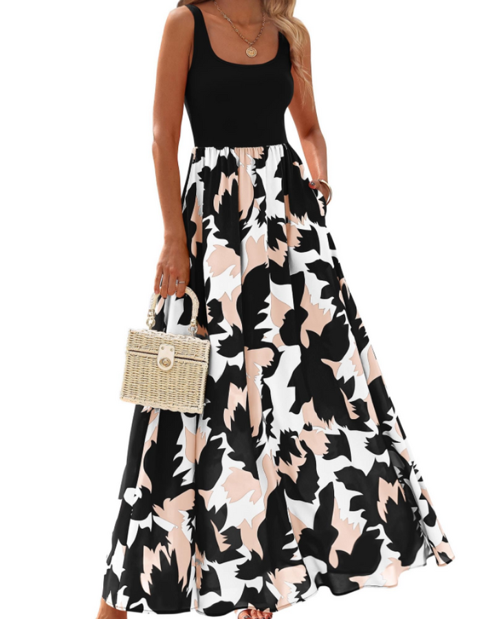 Kaia Vestido Maxi Boho Mujer – Floral, Escote Redondo y Vestido Sin Mangas con Bolsillos