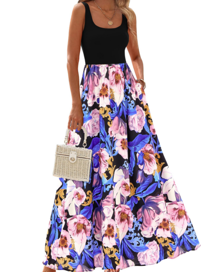 Kaia Vestido Maxi Boho Mujer – Floral, Escote Redondo y Vestido Sin Mangas con Bolsillos