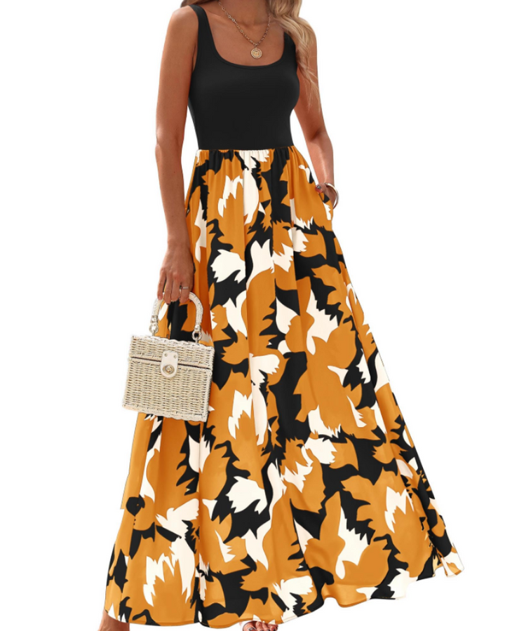 Kaia Vestido Maxi Boho Mujer – Floral, Escote Redondo y Vestido Sin Mangas con Bolsillos