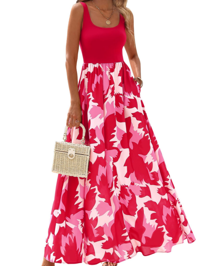 Kaia Vestido Maxi Boho Mujer – Floral, Escote Redondo y Vestido Sin Mangas con Bolsillos