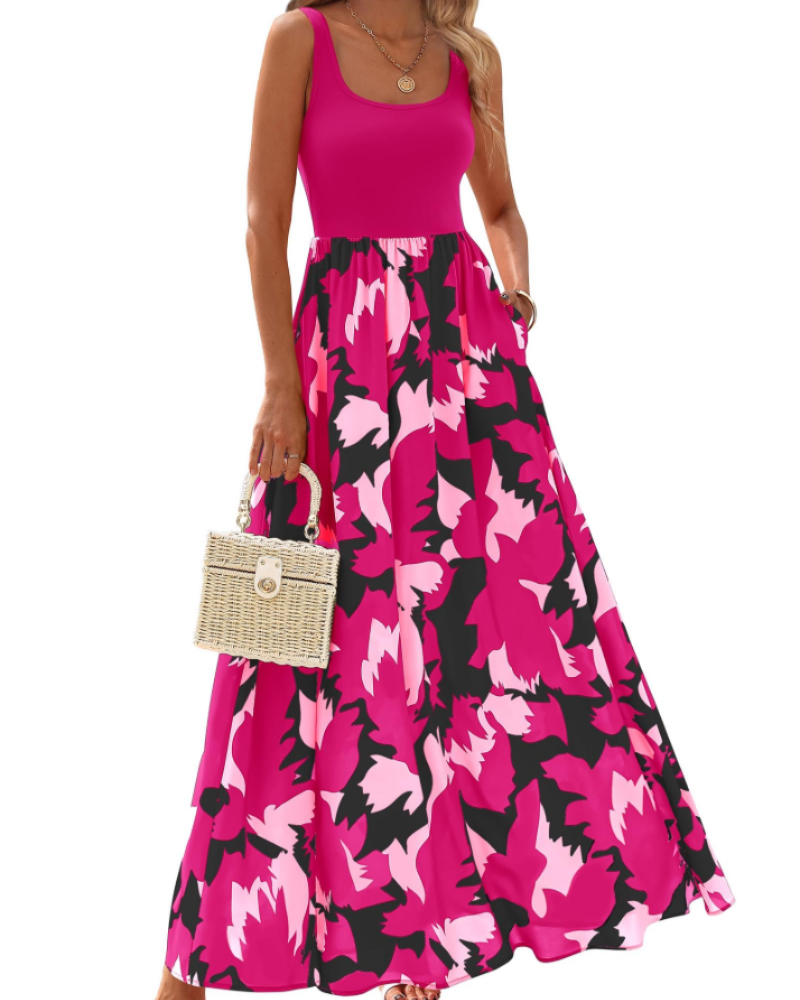 Kaia Vestido Maxi Boho Mujer – Floral, Escote Redondo y Vestido Sin Mangas con Bolsillos