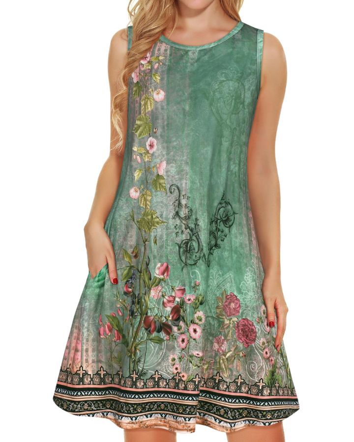 Kinsley Rochie de Vară pentru Femei – Maiou Floral, Fără Mâneci & Rochie Casual cu Buzunare