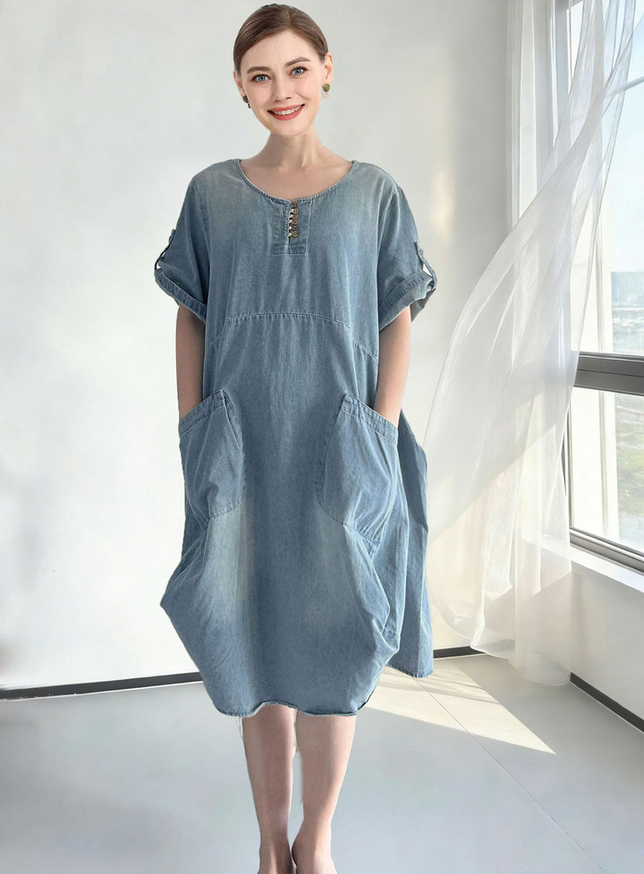 Wisteria Vestido Túnica Mujer – Lino Algodón, Mangas Cortas y Bolsillos Boho Oversize