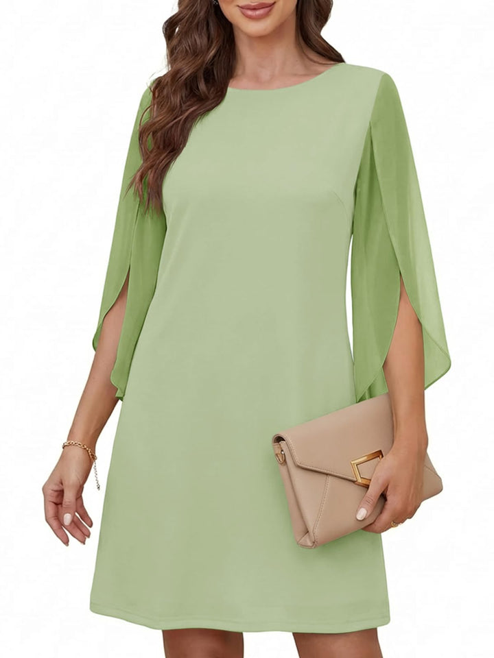 Vestido Elegante Marino para Mujer – Cuello Redondo, Mangas 3/4 de Chifón y Largo hasta la Rodilla