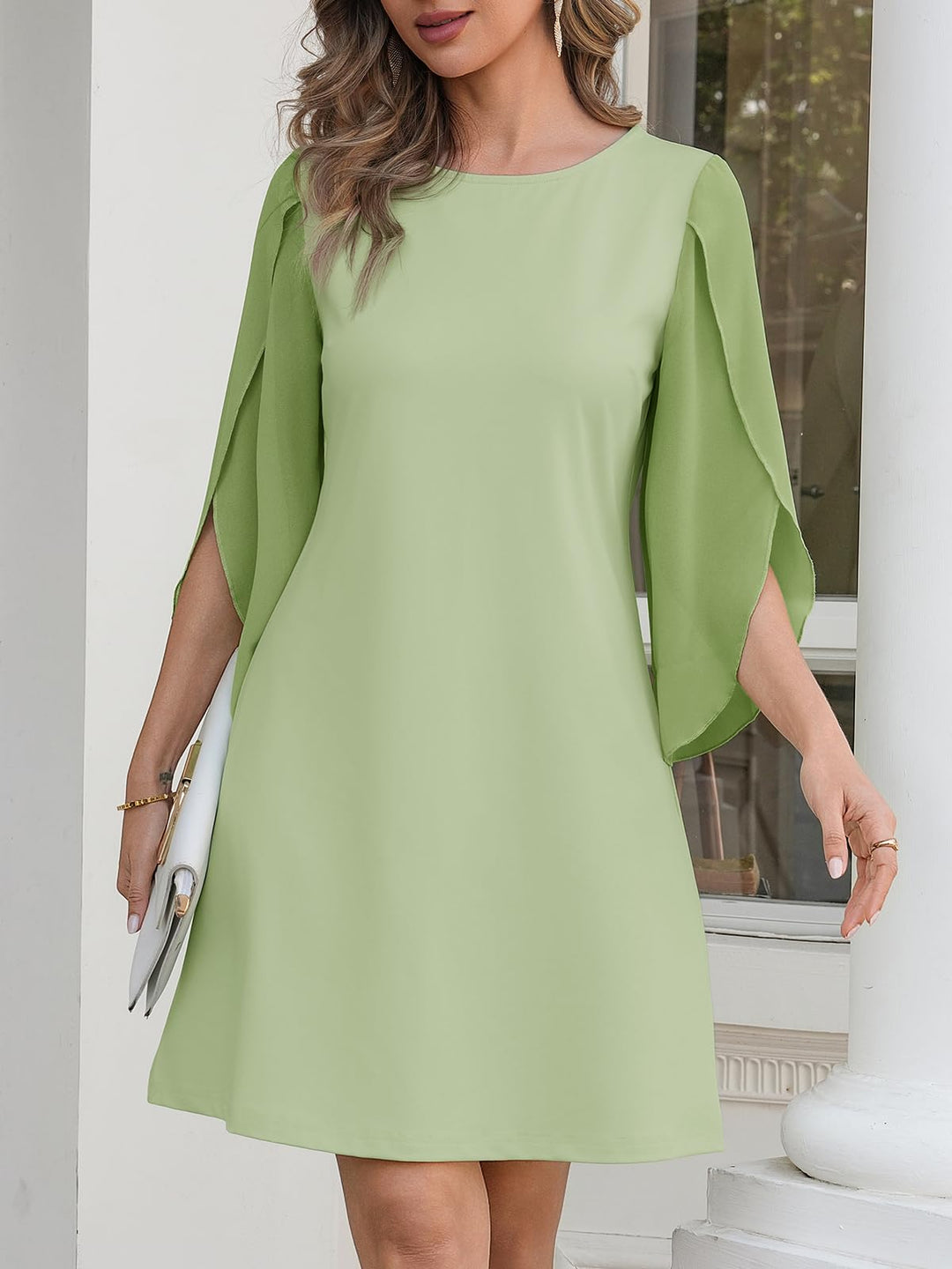 Vestido Elegante Marino para Mujer – Cuello Redondo, Mangas 3/4 de Chifón y Largo hasta la Rodilla