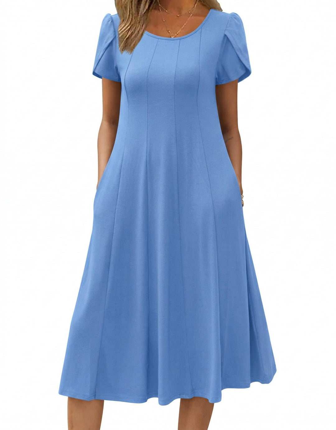 Vestido Midi Belle para Mujer – Cuello Redondo, Mangas Abullonadas y Bolsillos, Línea A Elegante