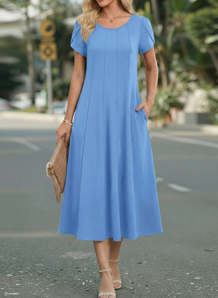 Vestido Midi Belle para Mujer – Cuello Redondo, Mangas Abullonadas y Bolsillos, Línea A Elegante