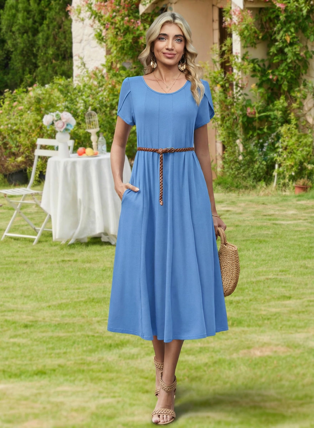 Vestido Midi Belle para Mujer – Cuello Redondo, Mangas Abullonadas y Bolsillos, Línea A Elegante