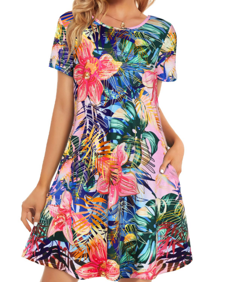 Merena Women's Summer Dress – Floral T-Shirt, Short Sleeves & Casual Dress with Pockets