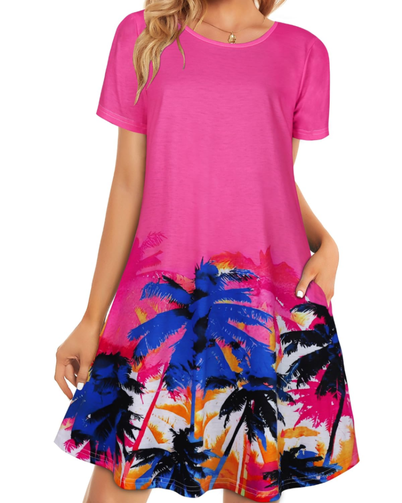 Merena Women's Summer Dress – Floral T-Shirt, Short Sleeves & Casual Dress with Pockets