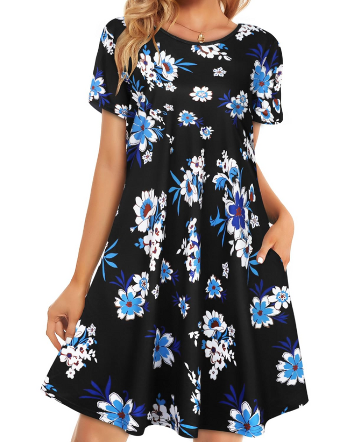 Merena Women's Summer Dress – Floral T-Shirt, Short Sleeves & Casual Dress with Pockets