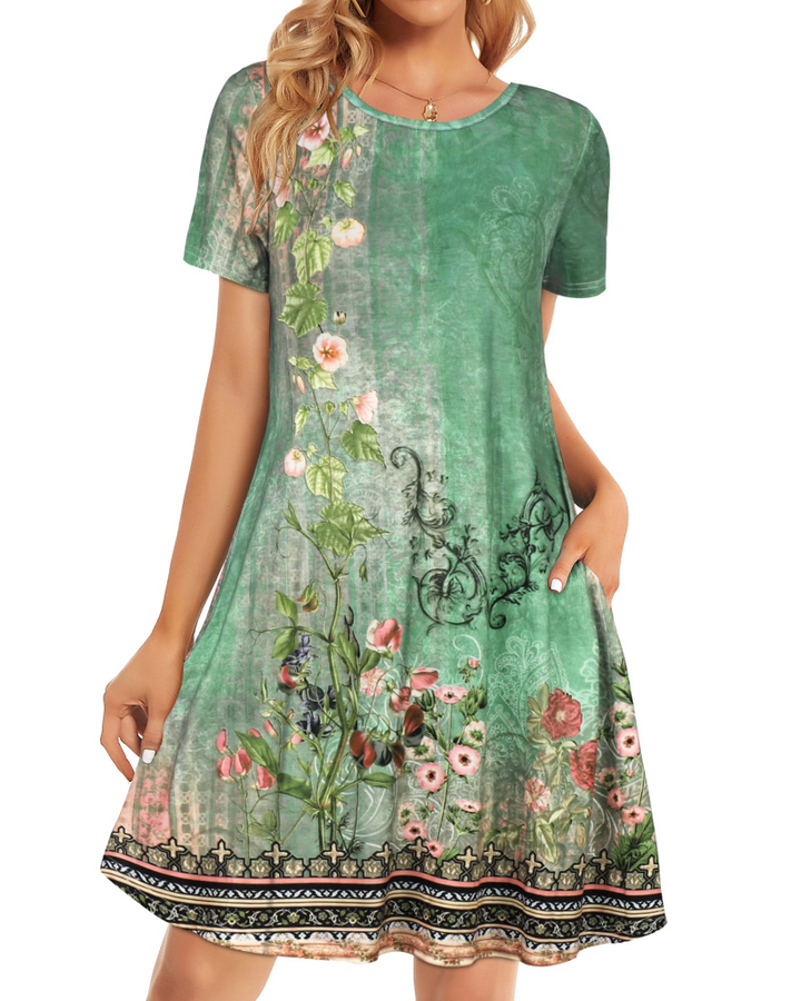 Merena Women's Summer Dress – Floral T-Shirt, Short Sleeves & Casual Dress with Pockets