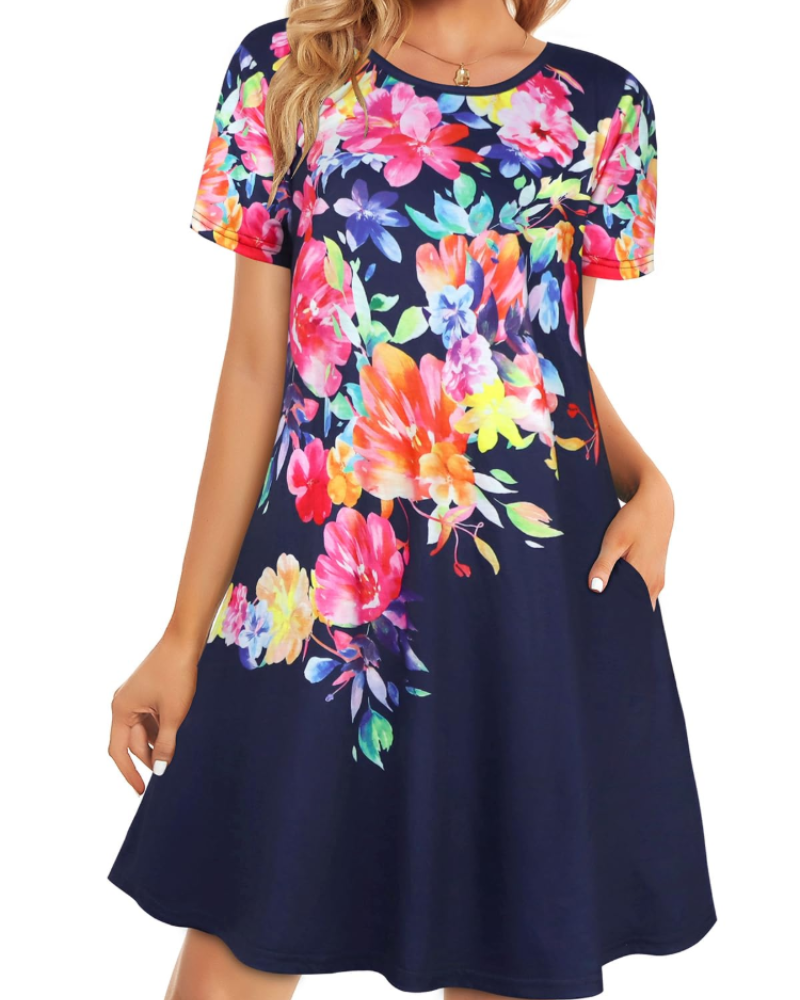 Merena Women's Summer Dress – Floral T-Shirt, Short Sleeves & Casual Dress with Pockets