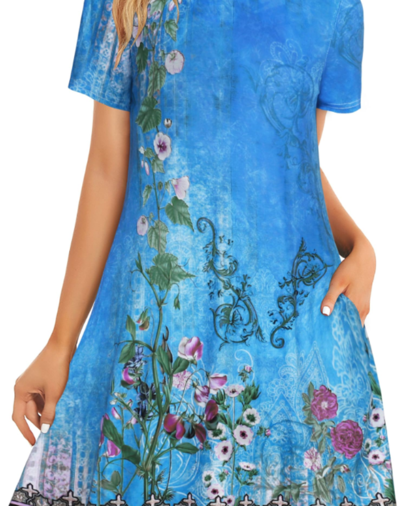 Merena Women's Summer Dress – Floral T-Shirt, Short Sleeves & Casual Dress with Pockets