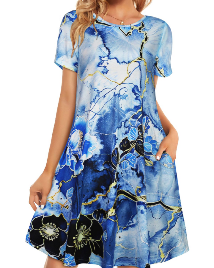Merena Women's Summer Dress – Floral T-Shirt, Short Sleeves & Casual Dress with Pockets