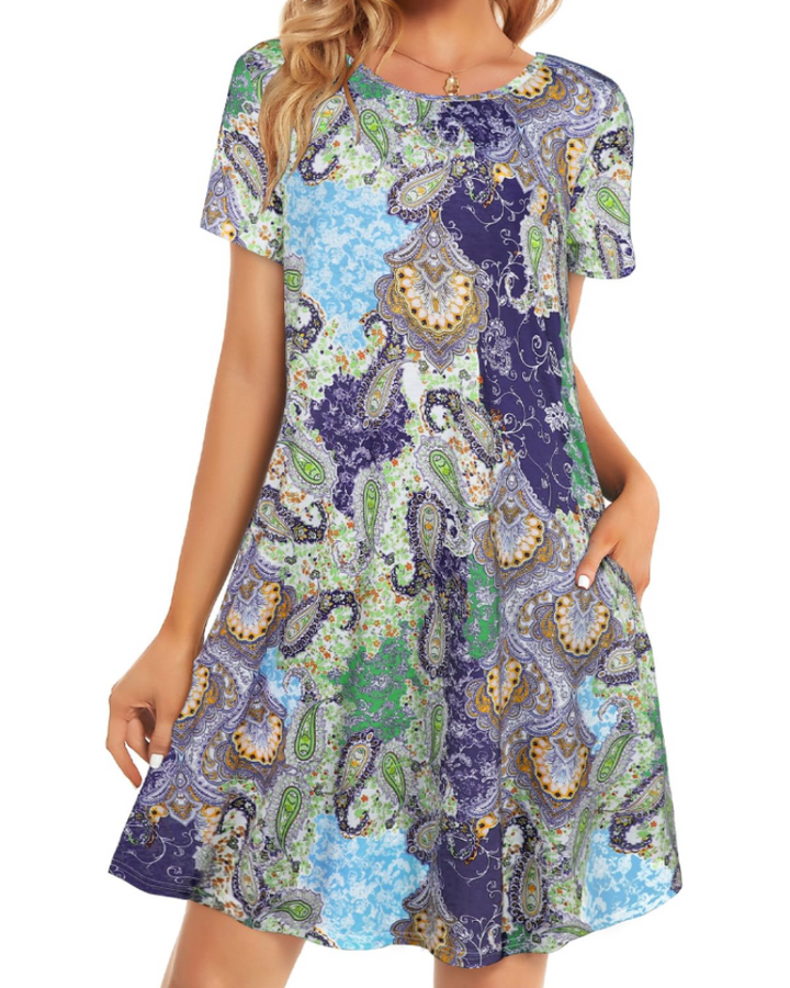 Merena Women's Summer Dress – Floral T-Shirt, Short Sleeves & Casual Dress with Pockets
