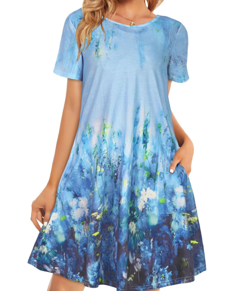 Merena Women's Summer Dress – Floral T-Shirt, Short Sleeves & Casual Dress with Pockets