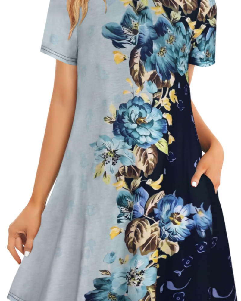 Merena Women's Summer Dress – Floral T-Shirt, Short Sleeves & Casual Dress with Pockets