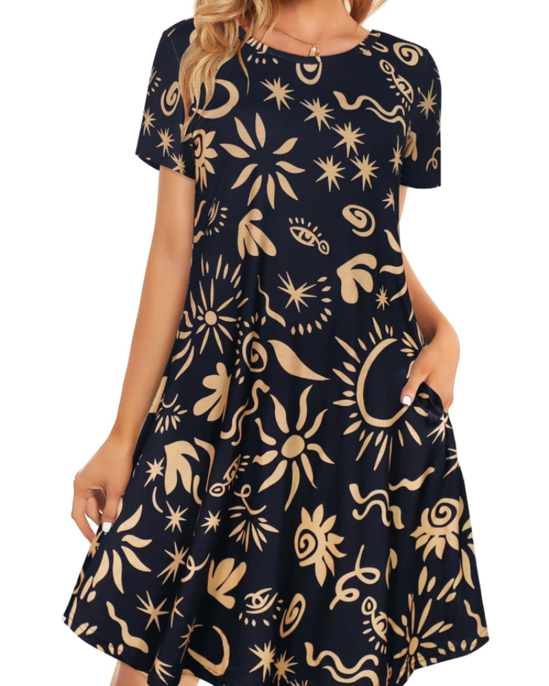 Merena Women's Summer Dress – Floral T-Shirt, Short Sleeves & Casual Dress with Pockets
