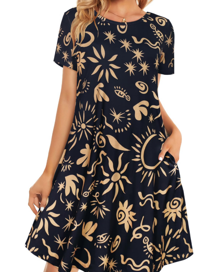 Merena Women's Summer Dress – Floral T-Shirt, Short Sleeves & Casual Dress with Pockets