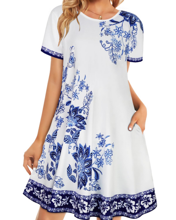 Merena Women's Summer Dress – Floral T-Shirt, Short Sleeves & Casual Dress with Pockets