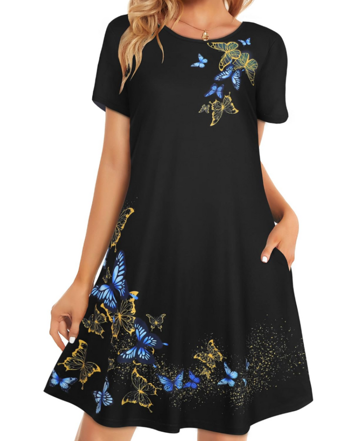 Merena Women's Summer Dress – Floral T-Shirt, Short Sleeves & Casual Dress with Pockets