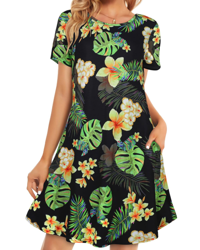 Merena Women's Summer Dress – Floral T-Shirt, Short Sleeves & Casual Dress with Pockets