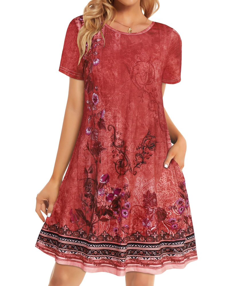 Merena Women's Summer Dress – Floral T-Shirt, Short Sleeves & Casual Dress with Pockets