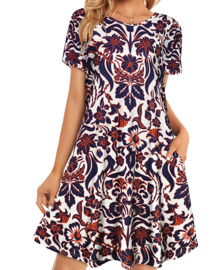 Merena Women's Summer Dress – Floral T-Shirt, Short Sleeves & Casual Dress with Pockets