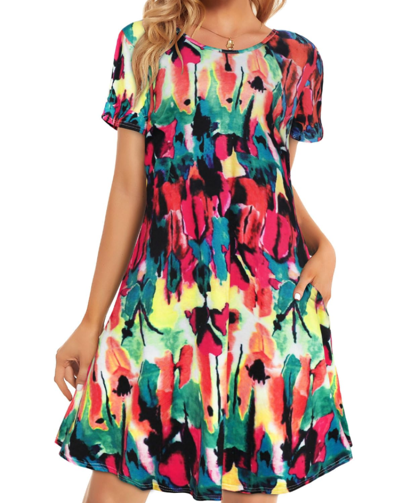 Merena Women's Summer Dress – Floral T-Shirt, Short Sleeves & Casual Dress with Pockets