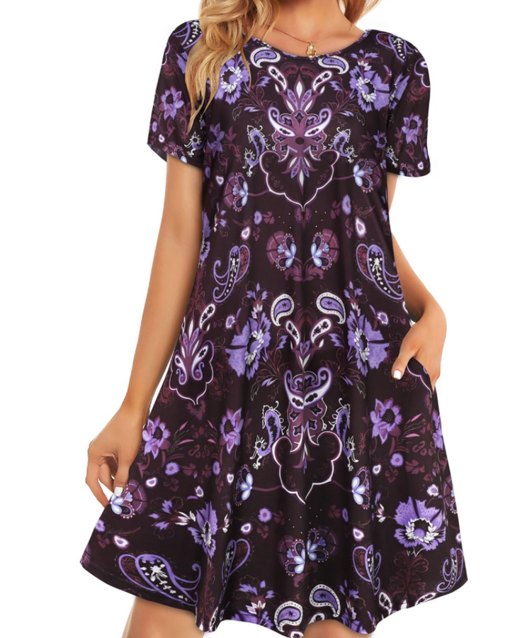 Merena Women's Summer Dress – Floral T-Shirt, Short Sleeves & Casual Dress with Pockets